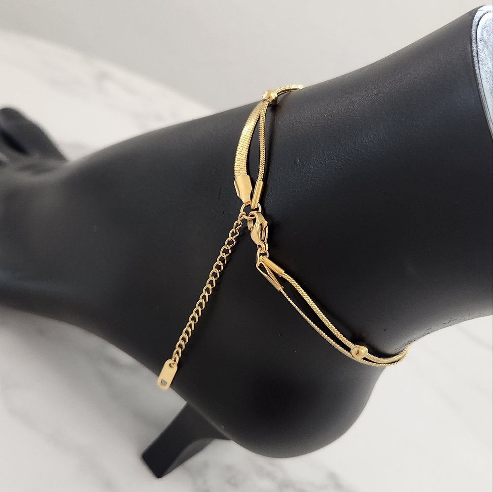 Gold Plated Double Layer Anklet Herringbone Blade Snake Chain Bead Anklet Y2K - Picture 10 of 13